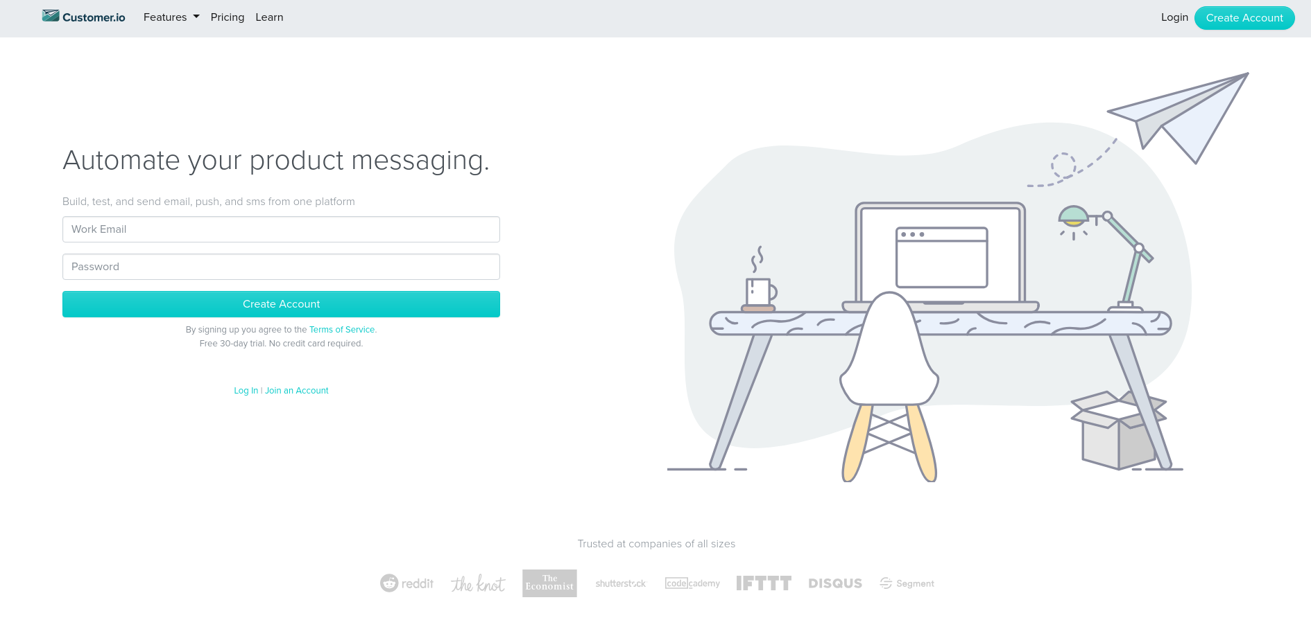 customer.io product marketing tool landing page