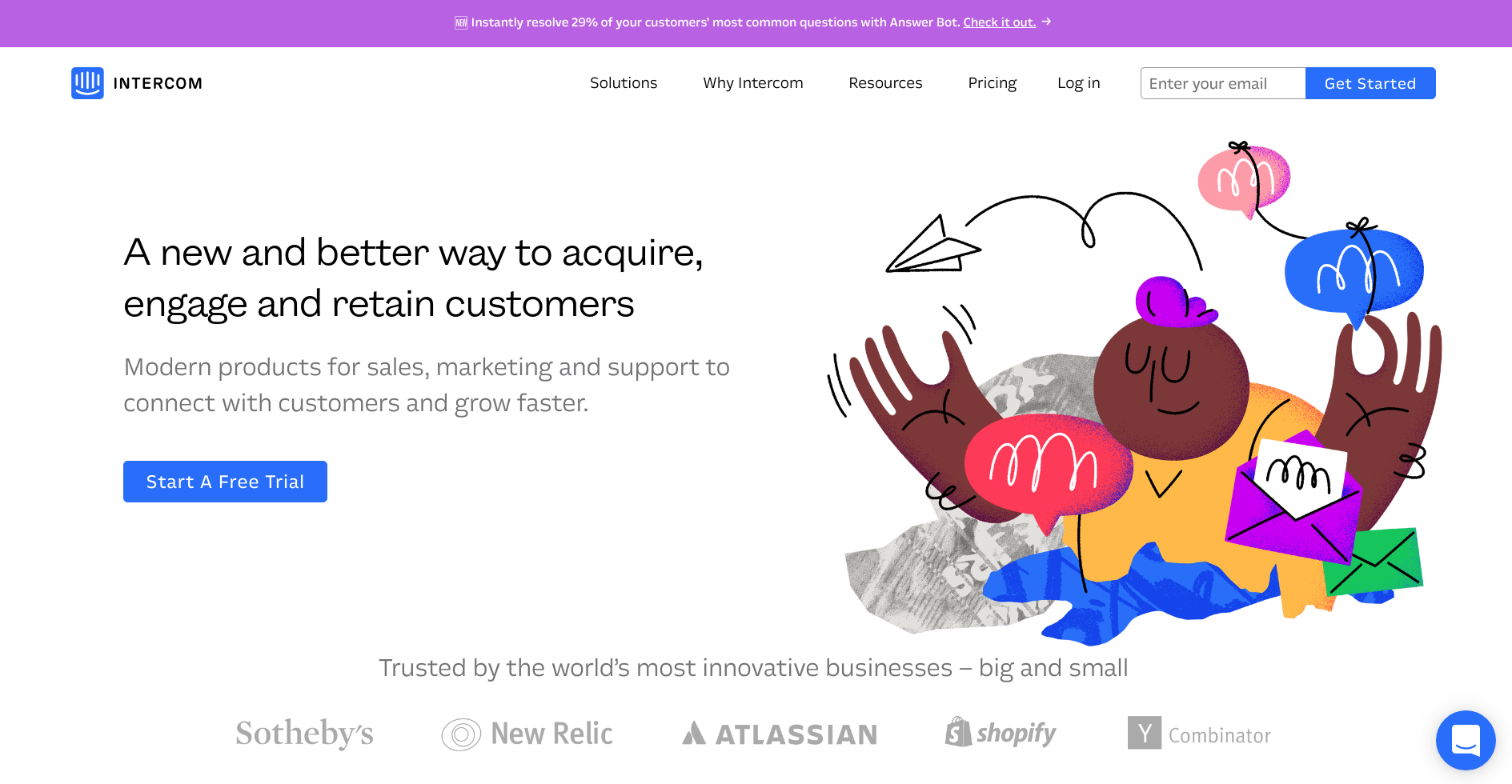 intercom product marketing tool landing page