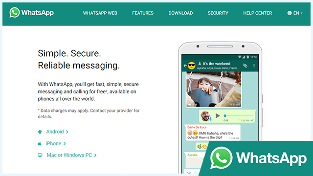 Скриншот веб-сайта приложения WhatsApp с логотипом, добавленным в углу