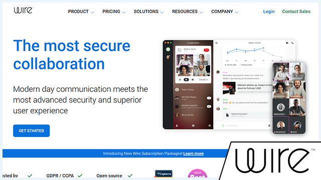 Скриншот веб-сайта Wire App с логотипом, добавленным в углу