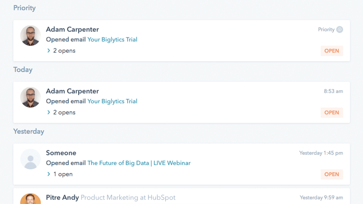 Список контактов и статистика отслеживания электронной почты в HubSpot