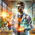 smart businessman in a hybrid outfit of a suit and a medical coat, looking at an orange hologram